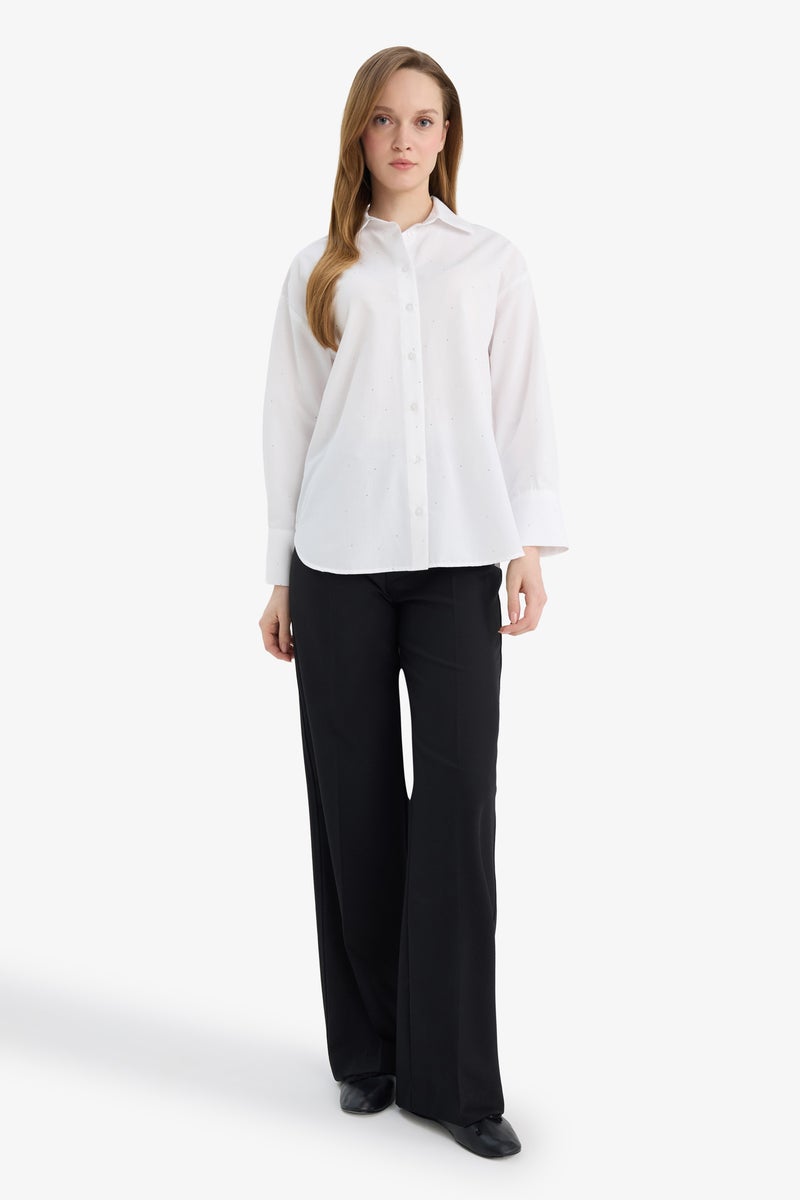 DeFacto White Woman Relax Fit Poplin Shirt Collar Long Sleeve Tunic Casual - Image 2